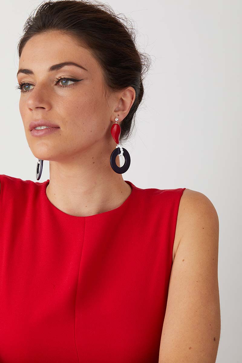 a pair of luxury Italian red, white and blue hoop statement earrings made of resin