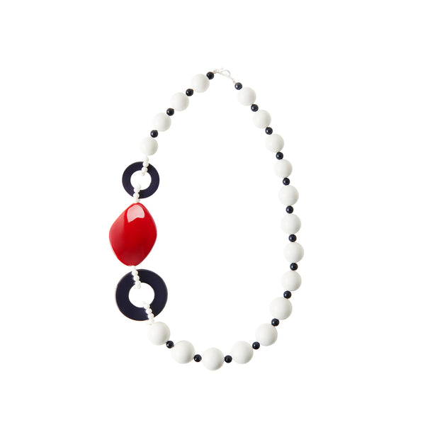 White red blue beaded statement necklace